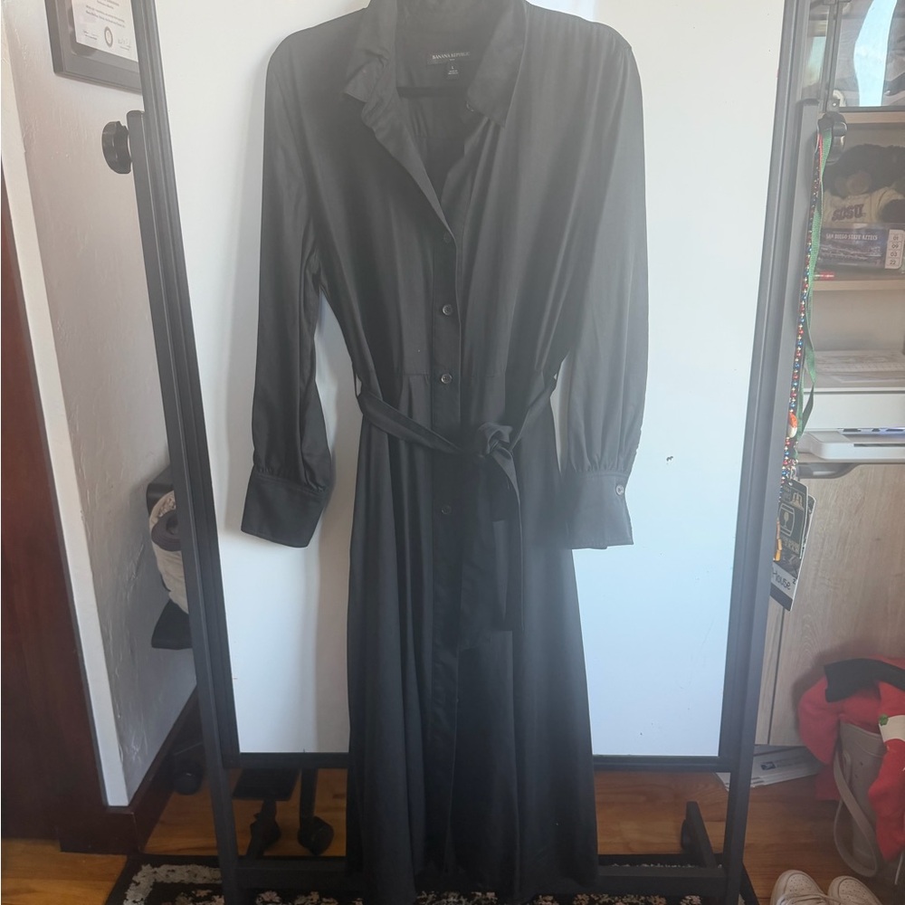 Banana Republic Black Long-Sleeve Shirt Dress with Waist Tie